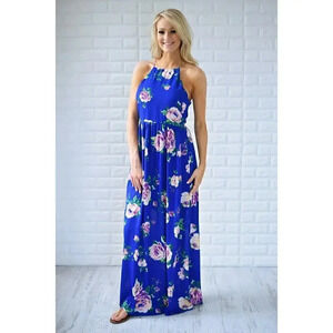 Everly Sleeveless Floral Maxi Dress Electric Blue Size M